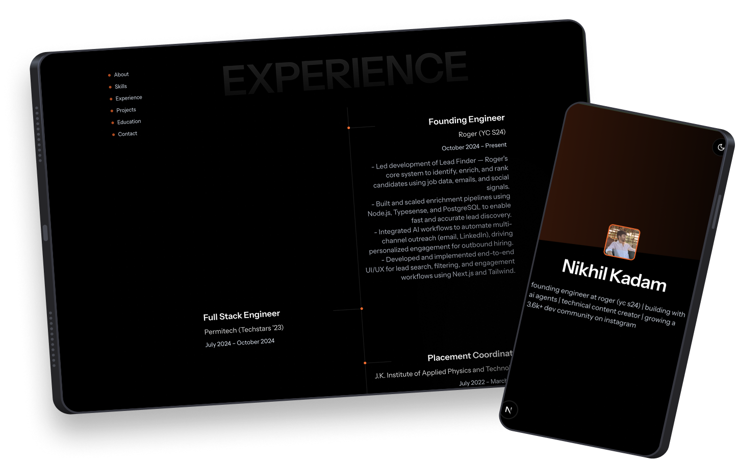 Phone mockup showing portfolio (dark)